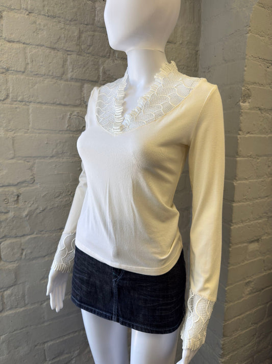 Cream Long Sleeve Top with Lace Trim Detail
