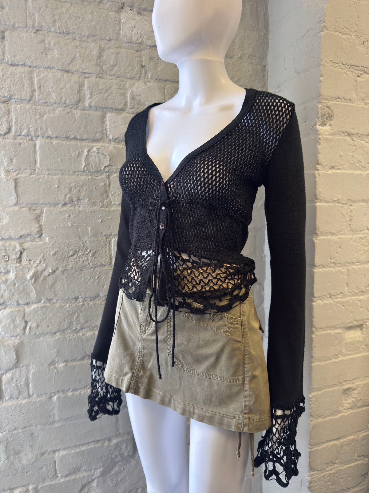 Denny Rose Black Knit Mesh Lace Trim Cardigan