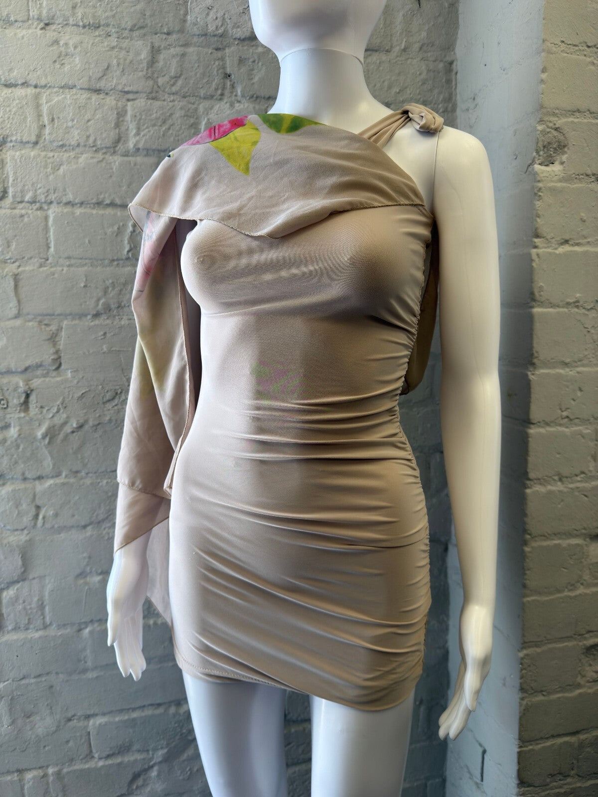 Asymmetrical Beige Mini Dress with Floral Overlay
