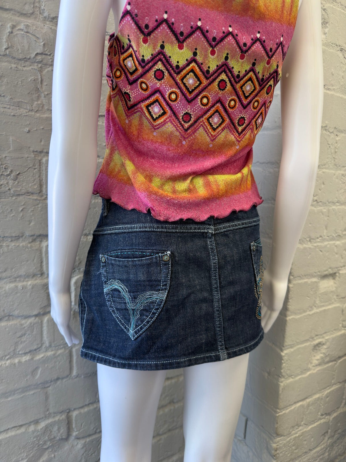 Guru Dark Denim Mini Skirt with Embellished Pockets