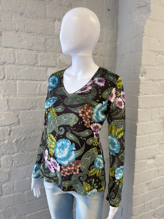 Y2K Floral Print Velvet Mesh Long Sleeve Top