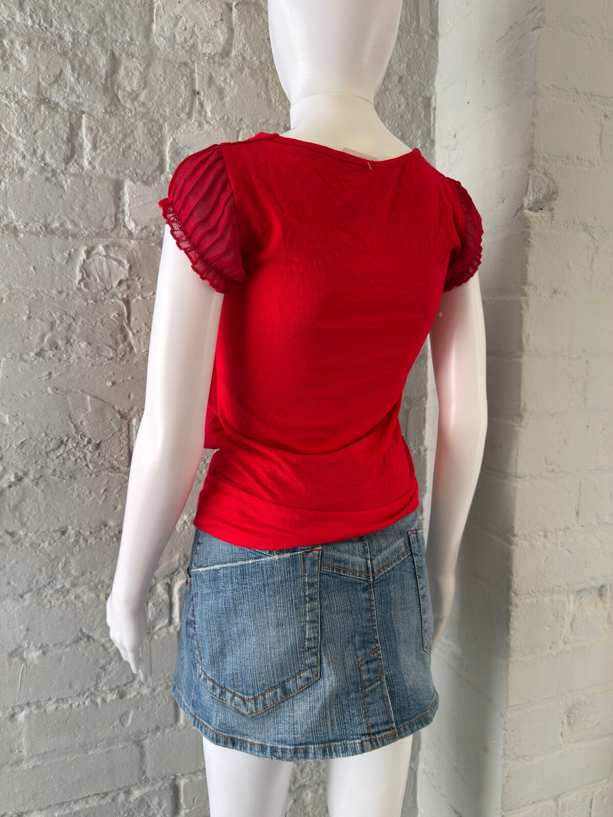 Red Short Sleeve Ribbed Knit Top with Sheer Puff Sleeves