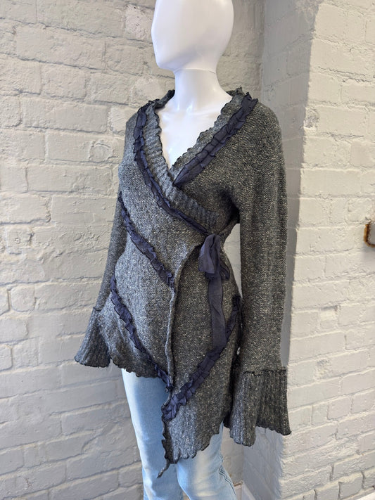 Vintage Grey Knit Wrap Cardigan with Ruffle Trim