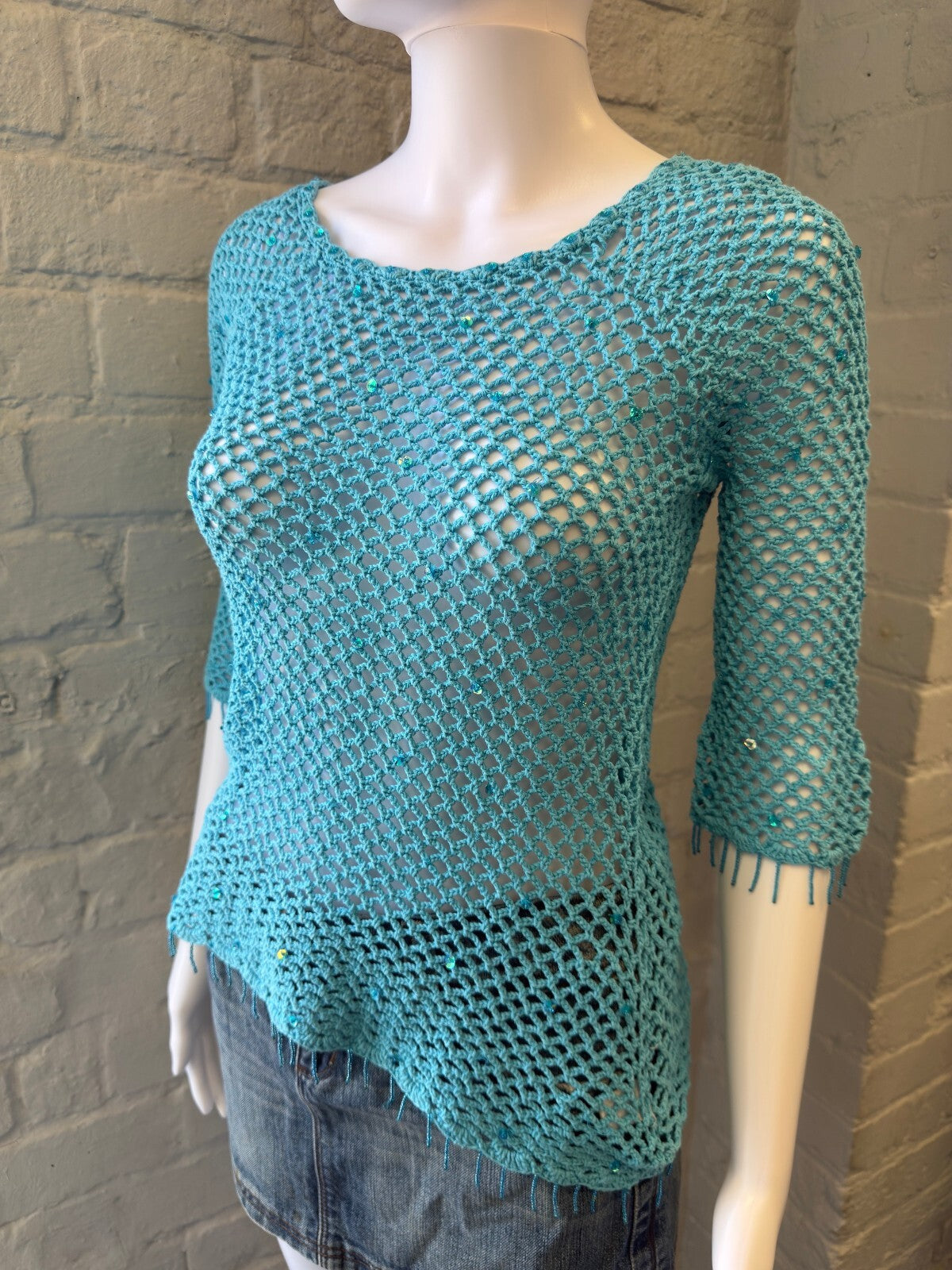 Turquoise Crochet Knit Top with Sequin Details