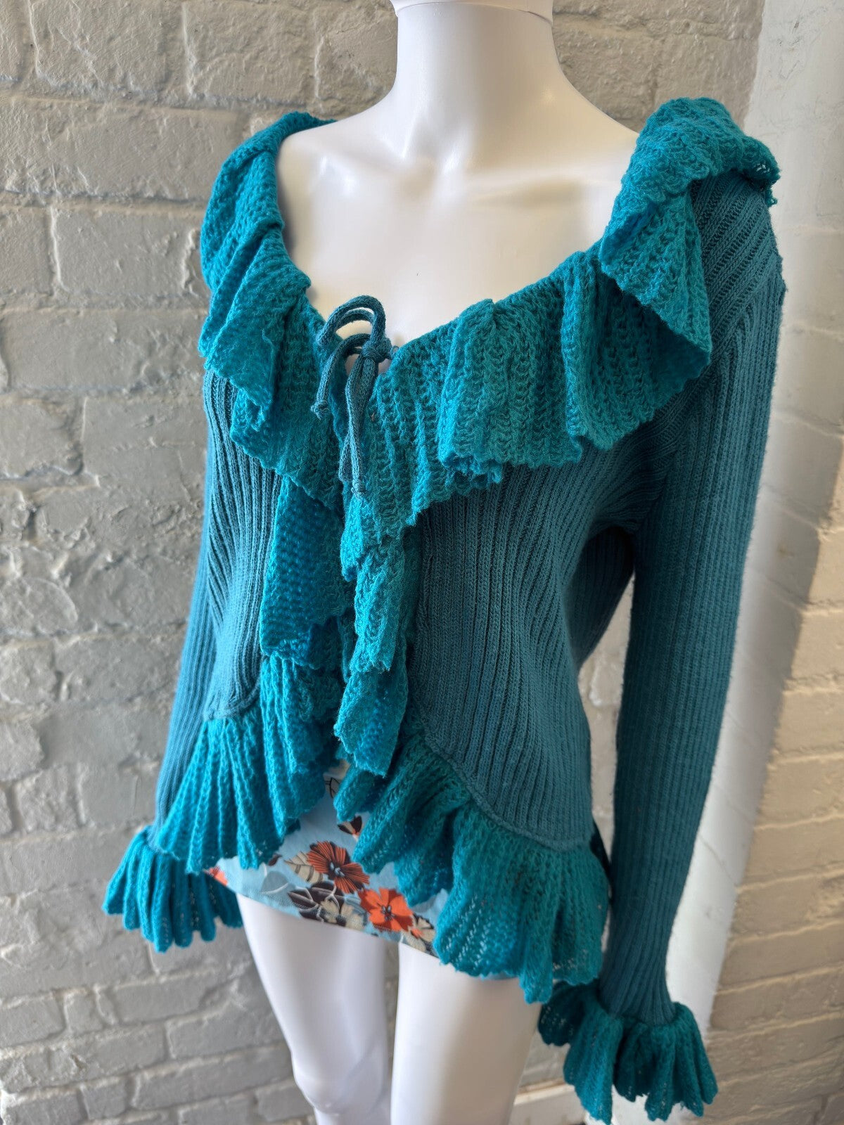 Lioutas Teal Knitted Ruffle Cardigan Sweater