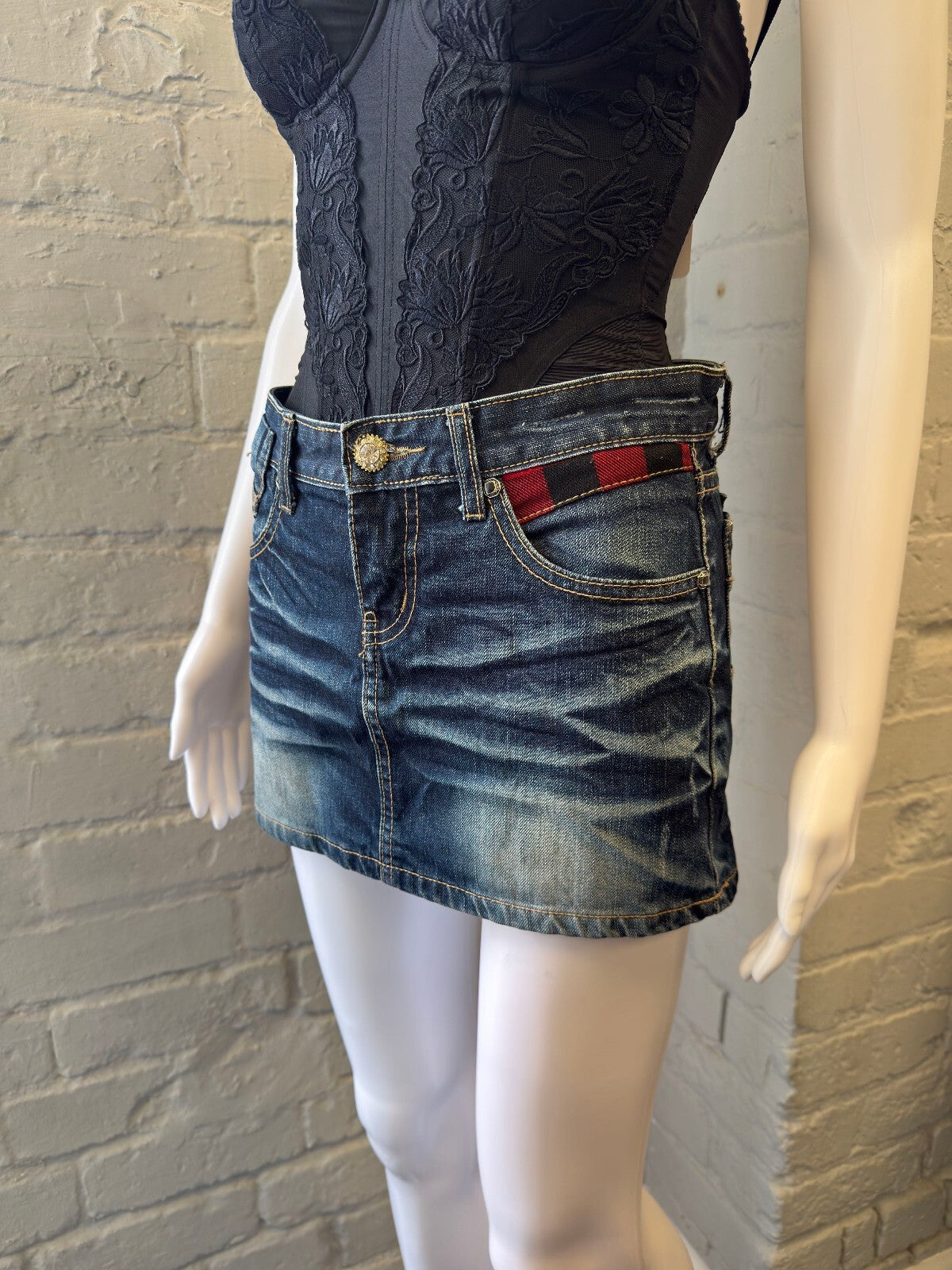 Punk Denim Mini Skirt with Red Plaid Pocket Detail