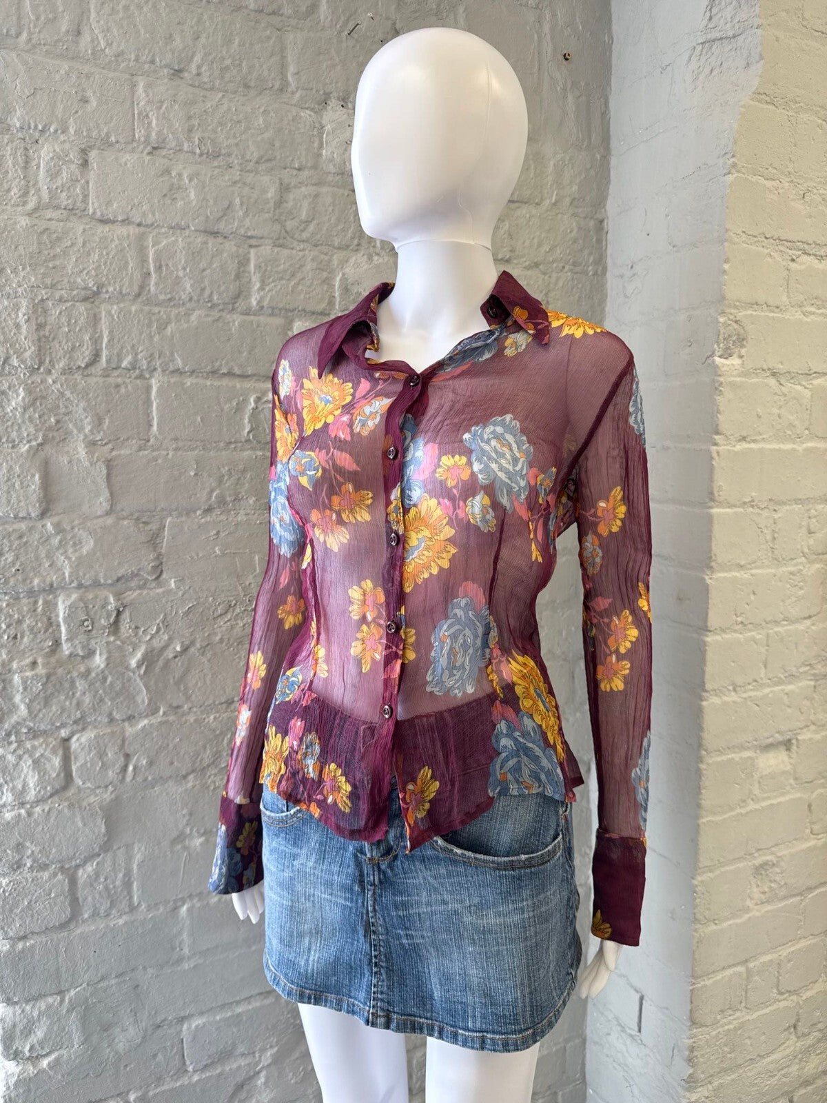 Sheer Floral Button-Up Shirt in Burgundy