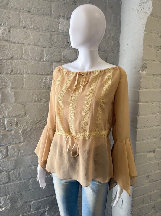 Vintage Beige Sheer Peplum Blouse with Bell Sleeves