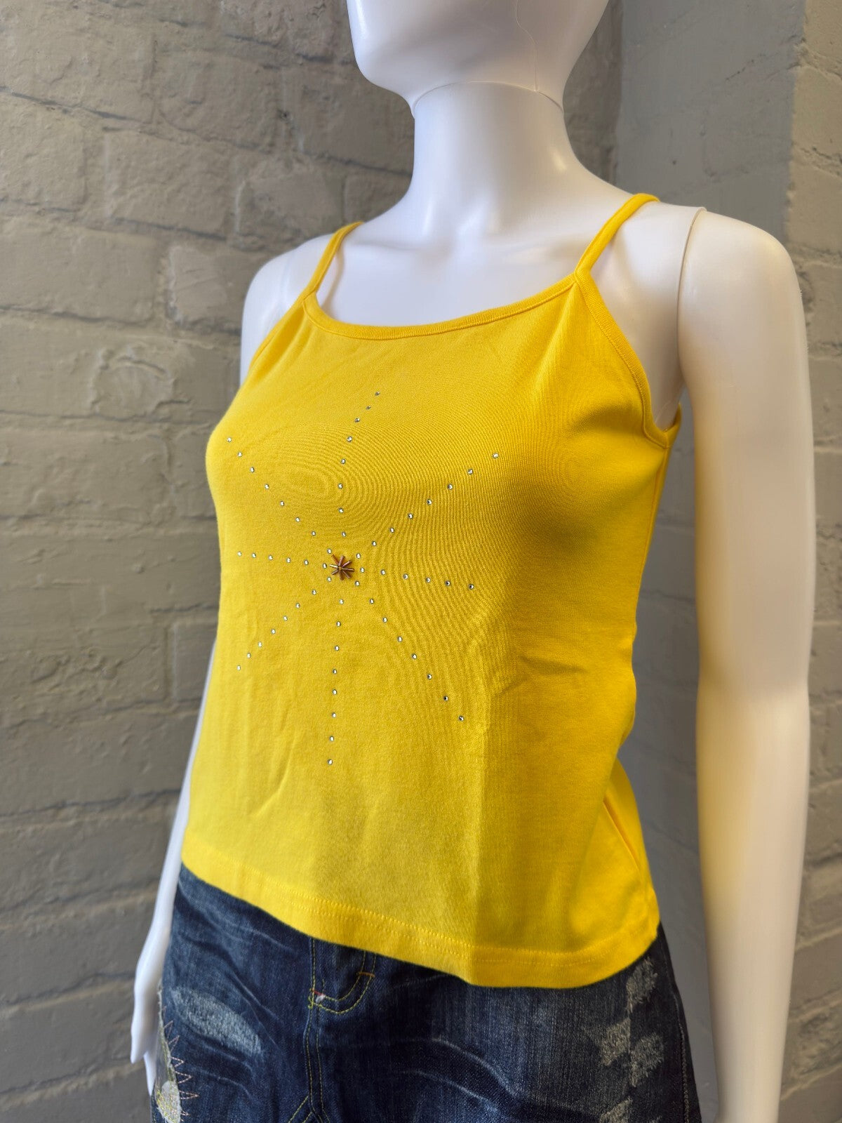 YellowSpaghetti Strap Tank Top with Rhinestone Star Design