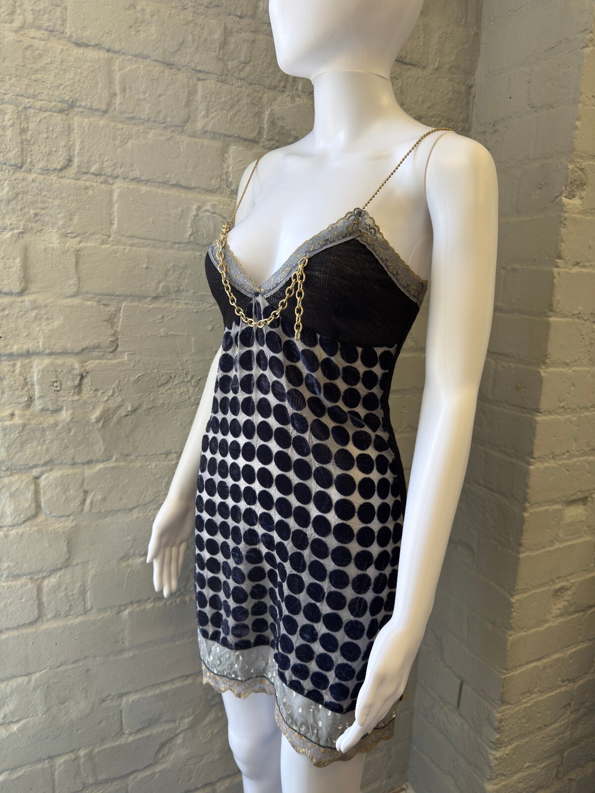 Blue and Silver Polka Dot Slip Dress with Chain Detail