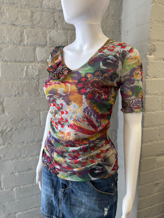 Floral Patterned Mesh Top