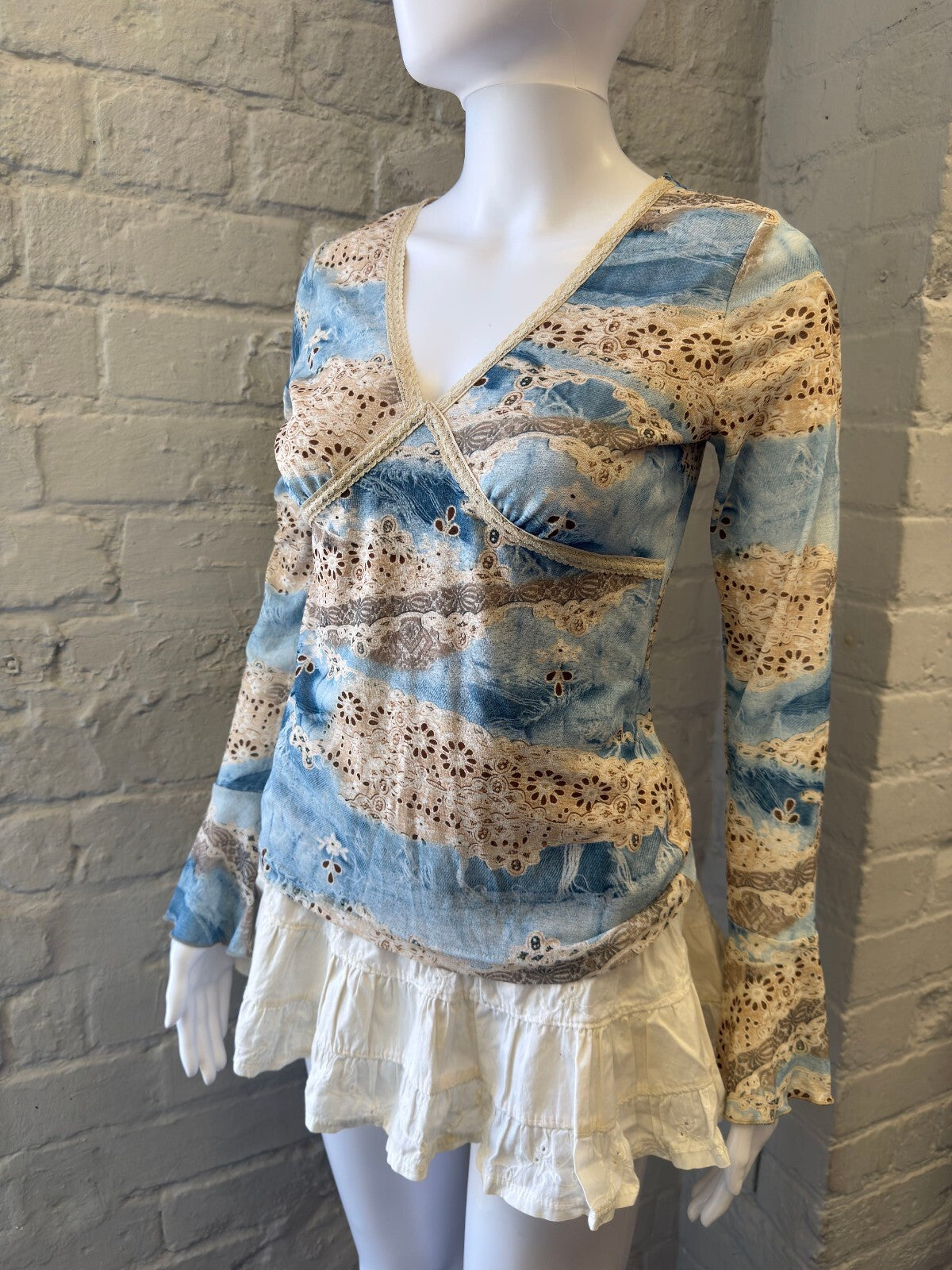 Blue and Cream Mesh Long Sleeve Top