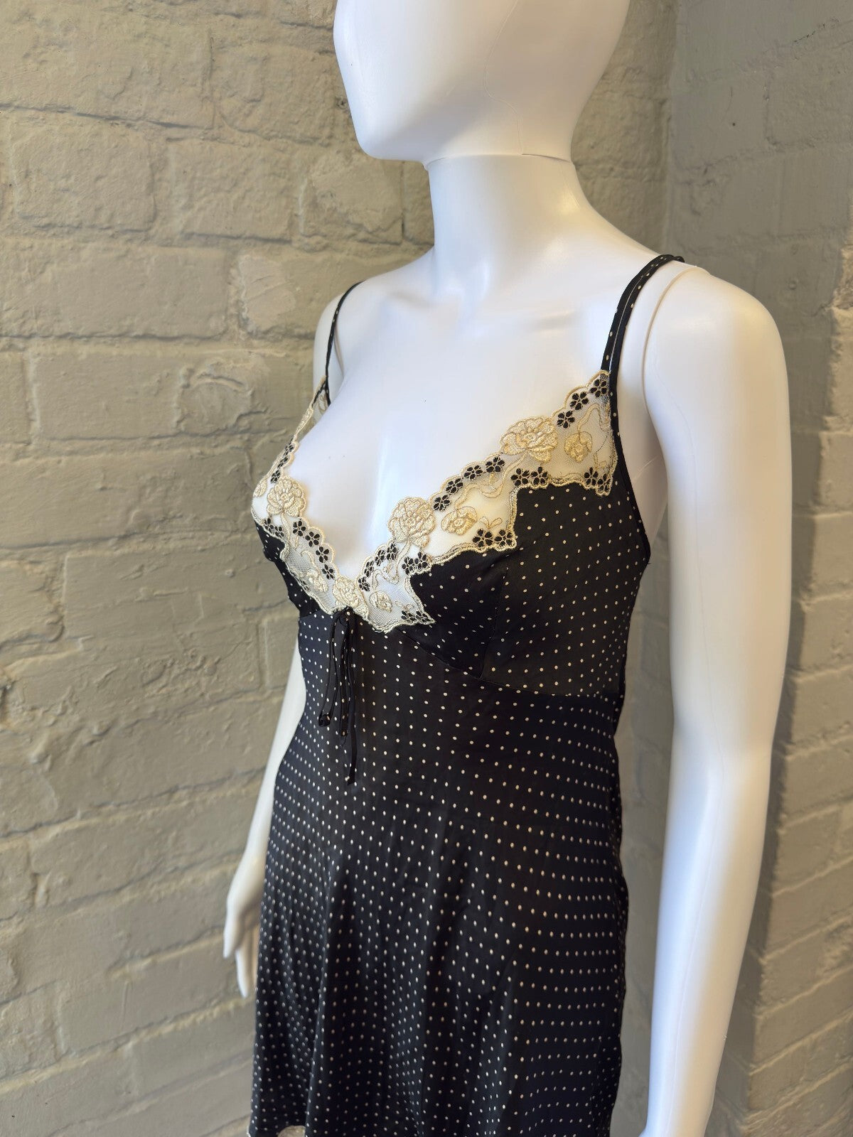 Silk Black Polka Dot Slip Dress with Lace Trim