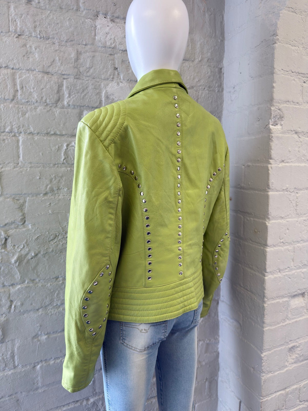 Lime Green Leather Studded Jacket