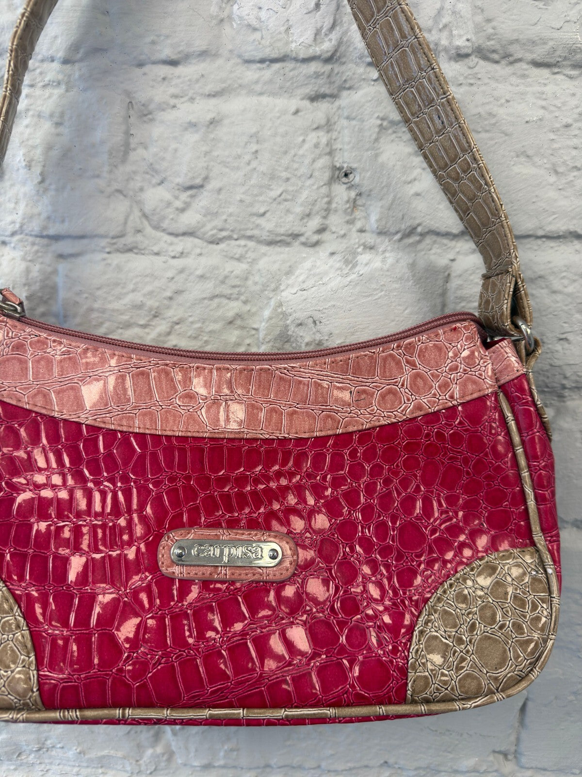 Pink and Beige Croc-Embossed Leather Shoulder Bag