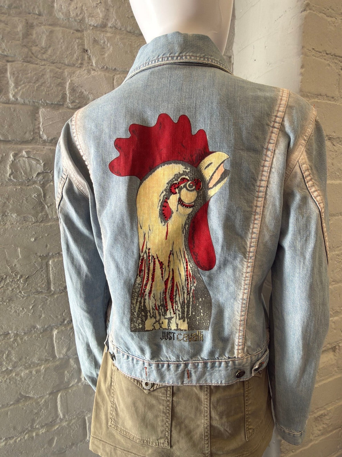 Just Cavalli Light Blue Denim Jacket with Rooster Print Back