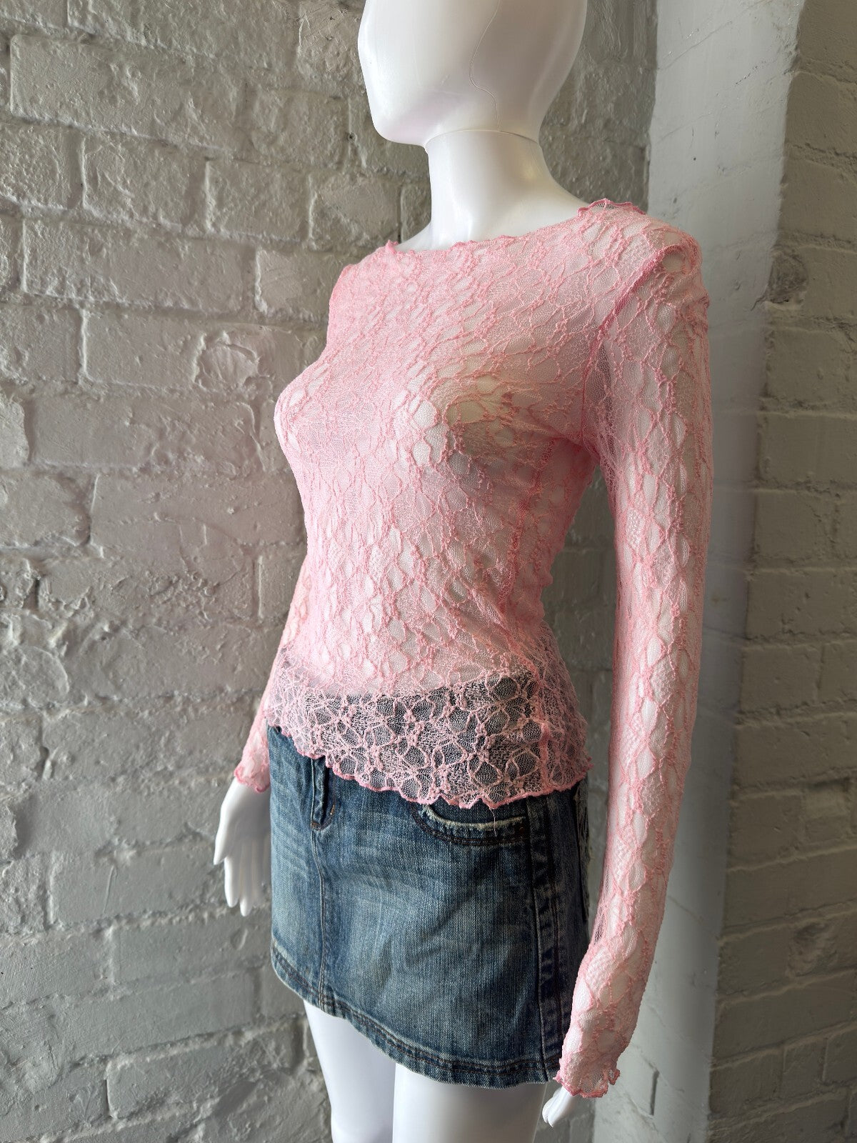 Pink Lace Long Sleeve Sheer Top