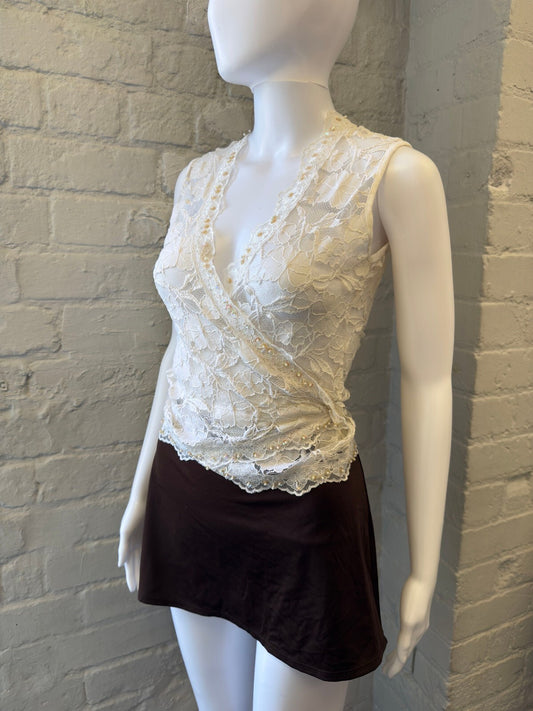 Cream Lace Sleeveless Wrap Top with Tie Back