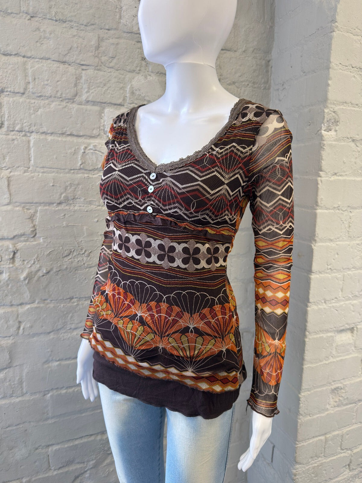 Italian Long Sleeve Sheer Patterned Top