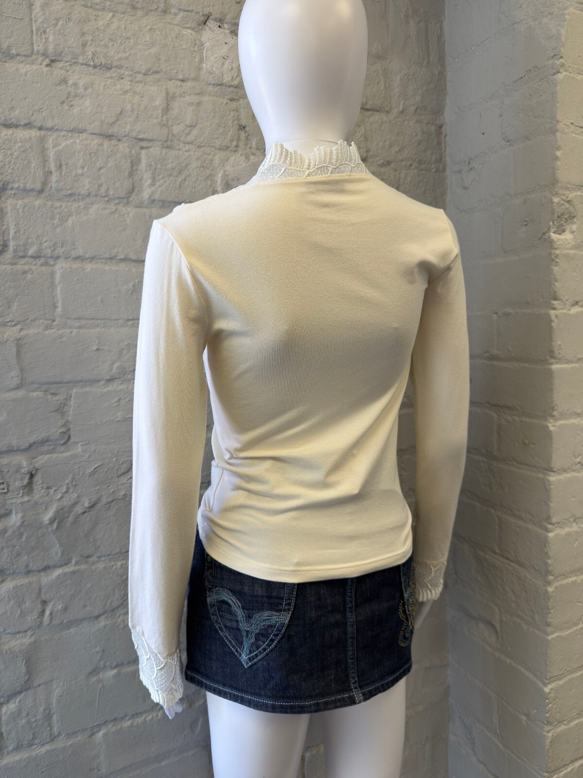 Cream Long Sleeve Top with Lace Trim Detail