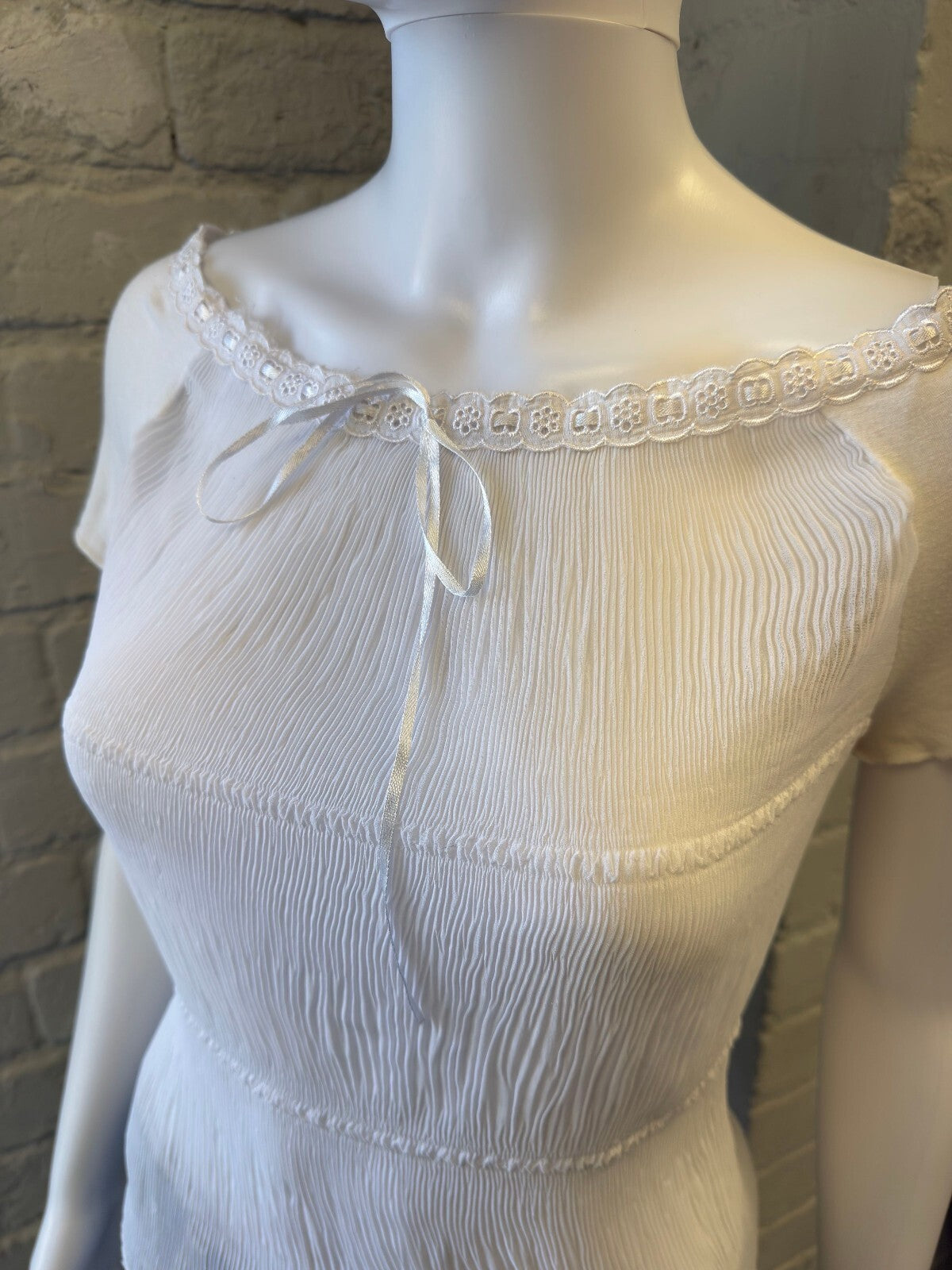 White Short Sleeve Sheer Blouse with Lace Trim and Ribbon Bow