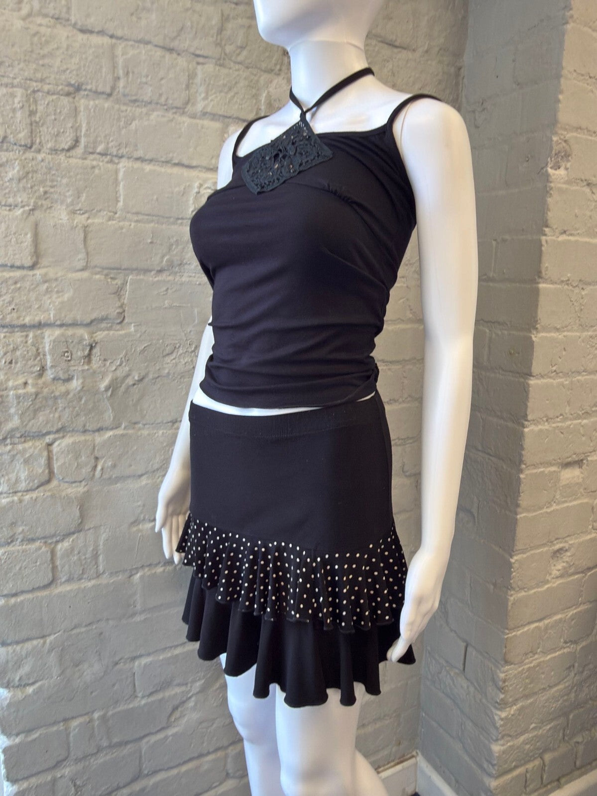 Black Two-Tier Ruffle Mini Skirt with Polka Dot Detail