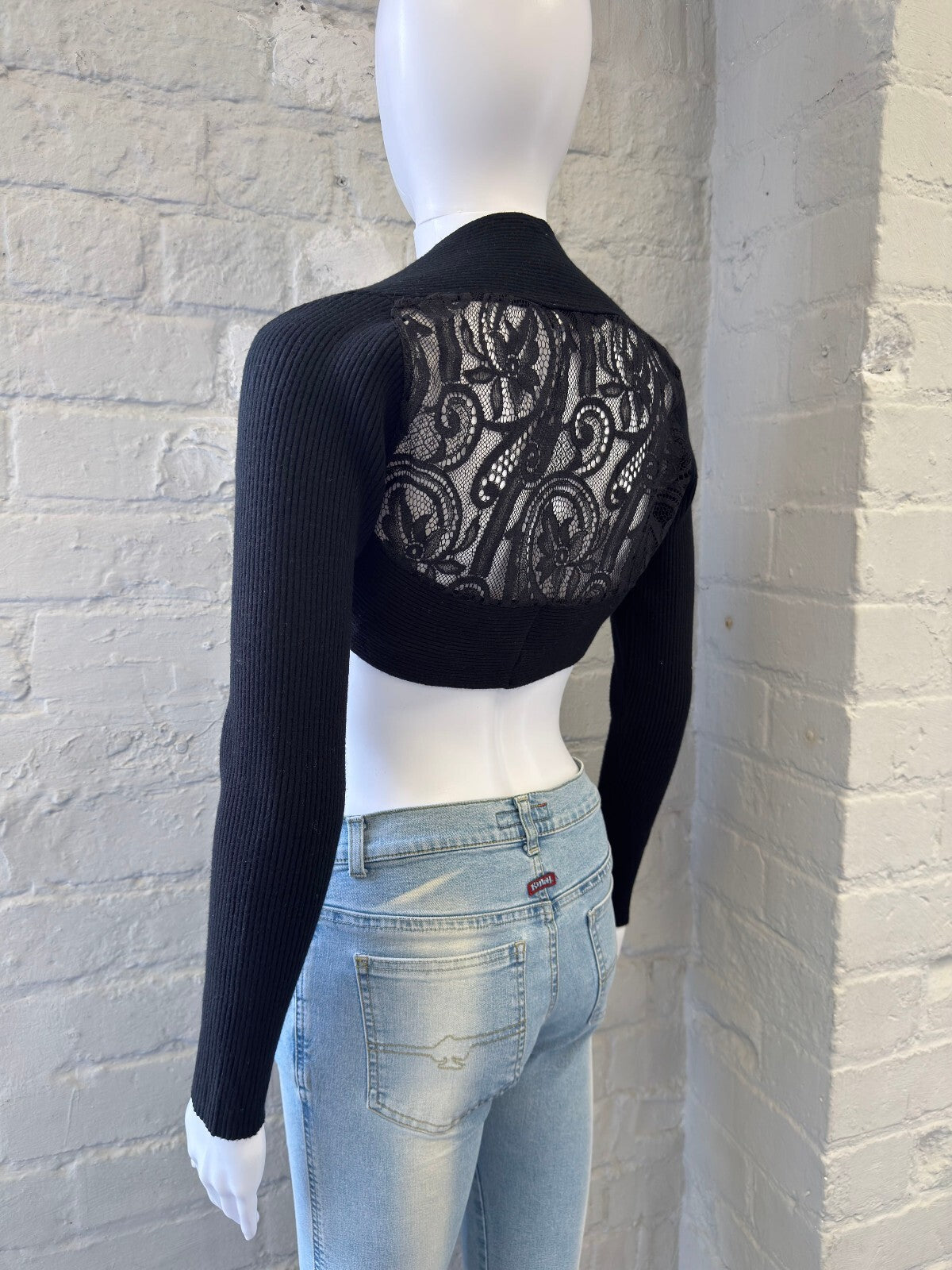 Black Ribbed Knit Bolero with Lace Back Detail