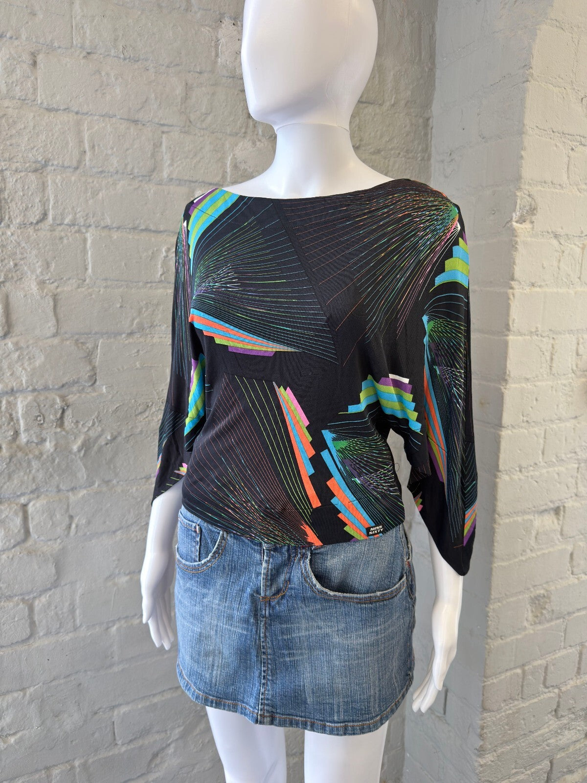 Miss Sixty Black Geometric Patterned Batwing Top