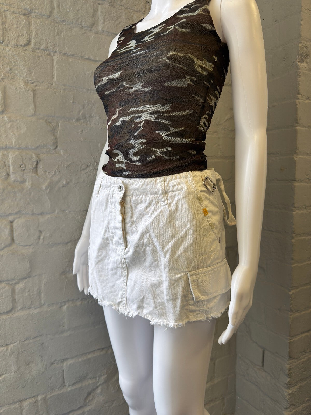 White Cargo Mini Skirt with Frayed Hem