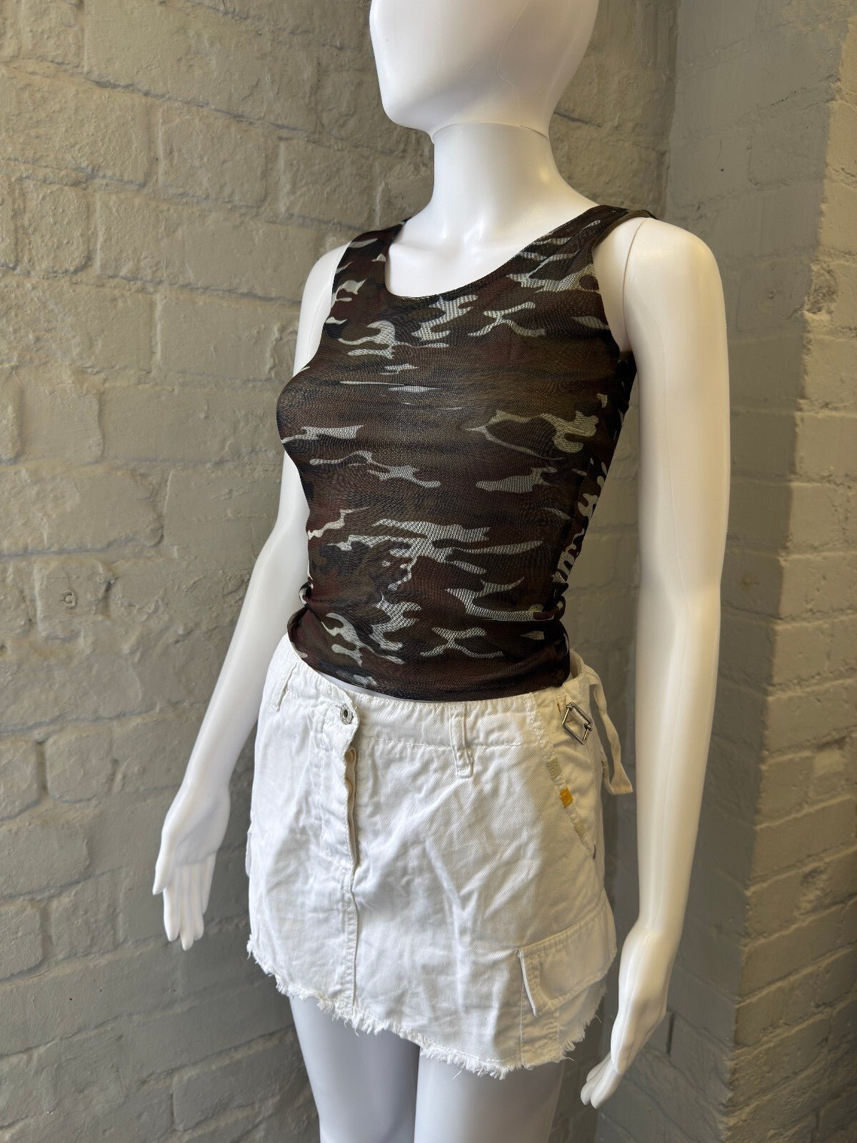 White Cargo Mini Skirt with Frayed Hem