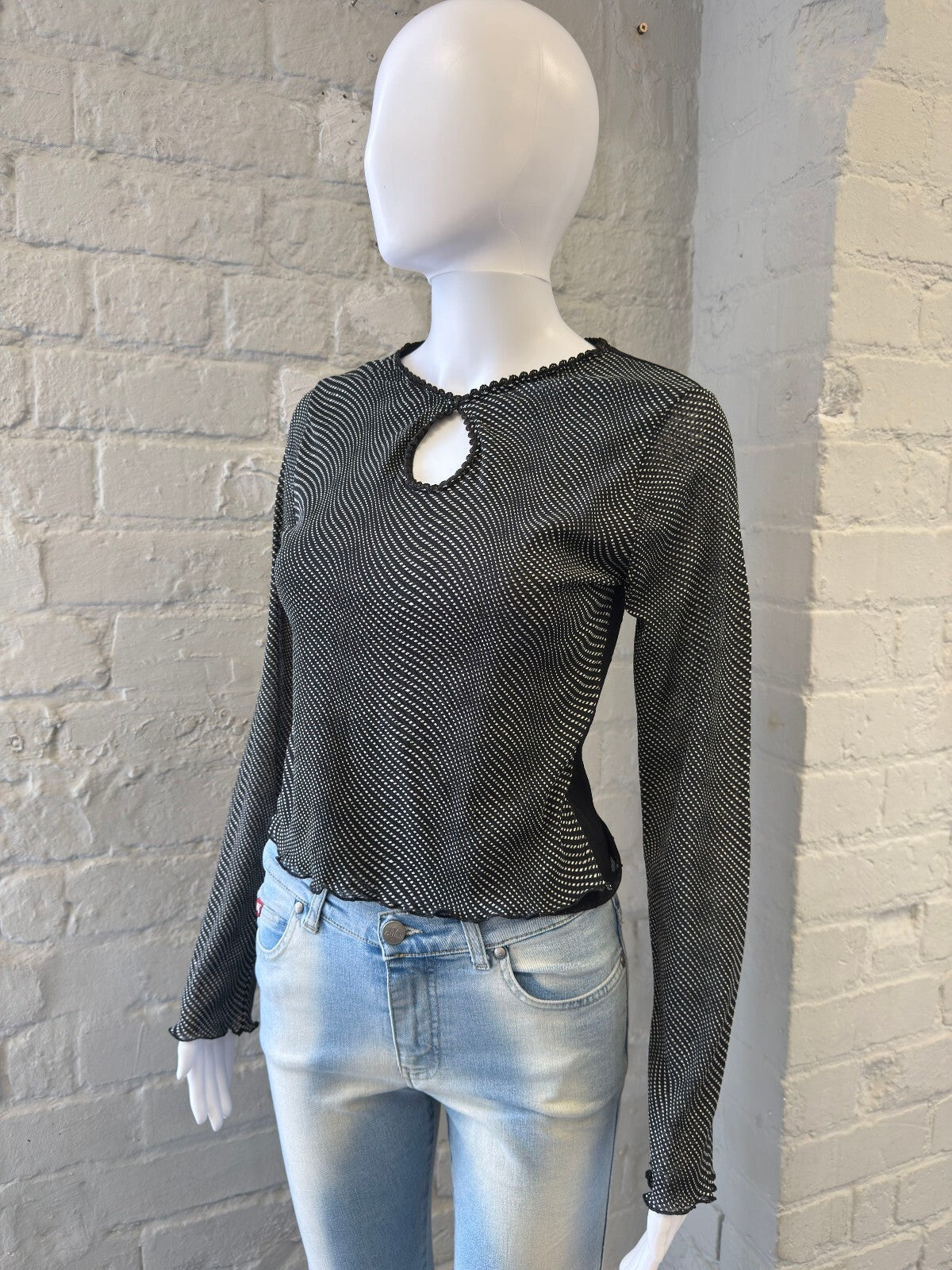 Y2K Black and White Mesh Long Sleeve Top with Keyhole Detail