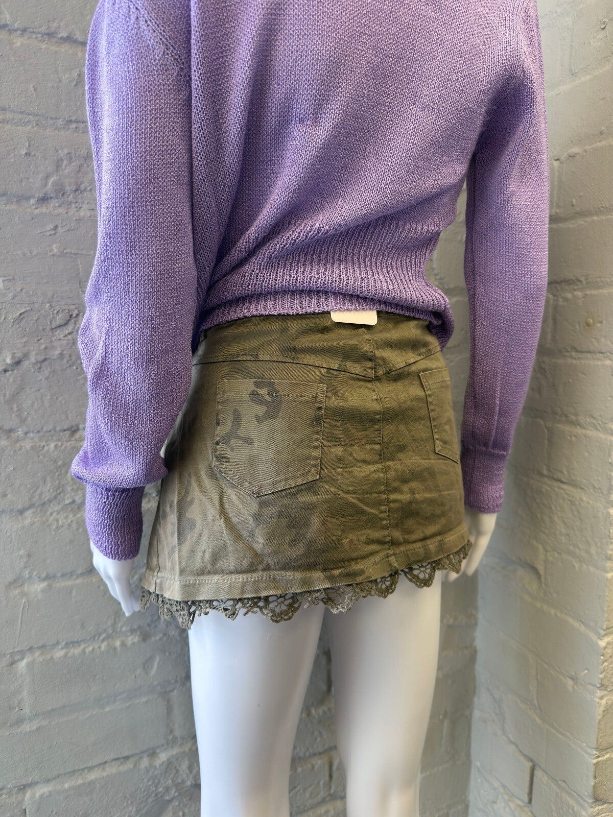 Olive Green Camo Mini Skirt with Lace Trim
