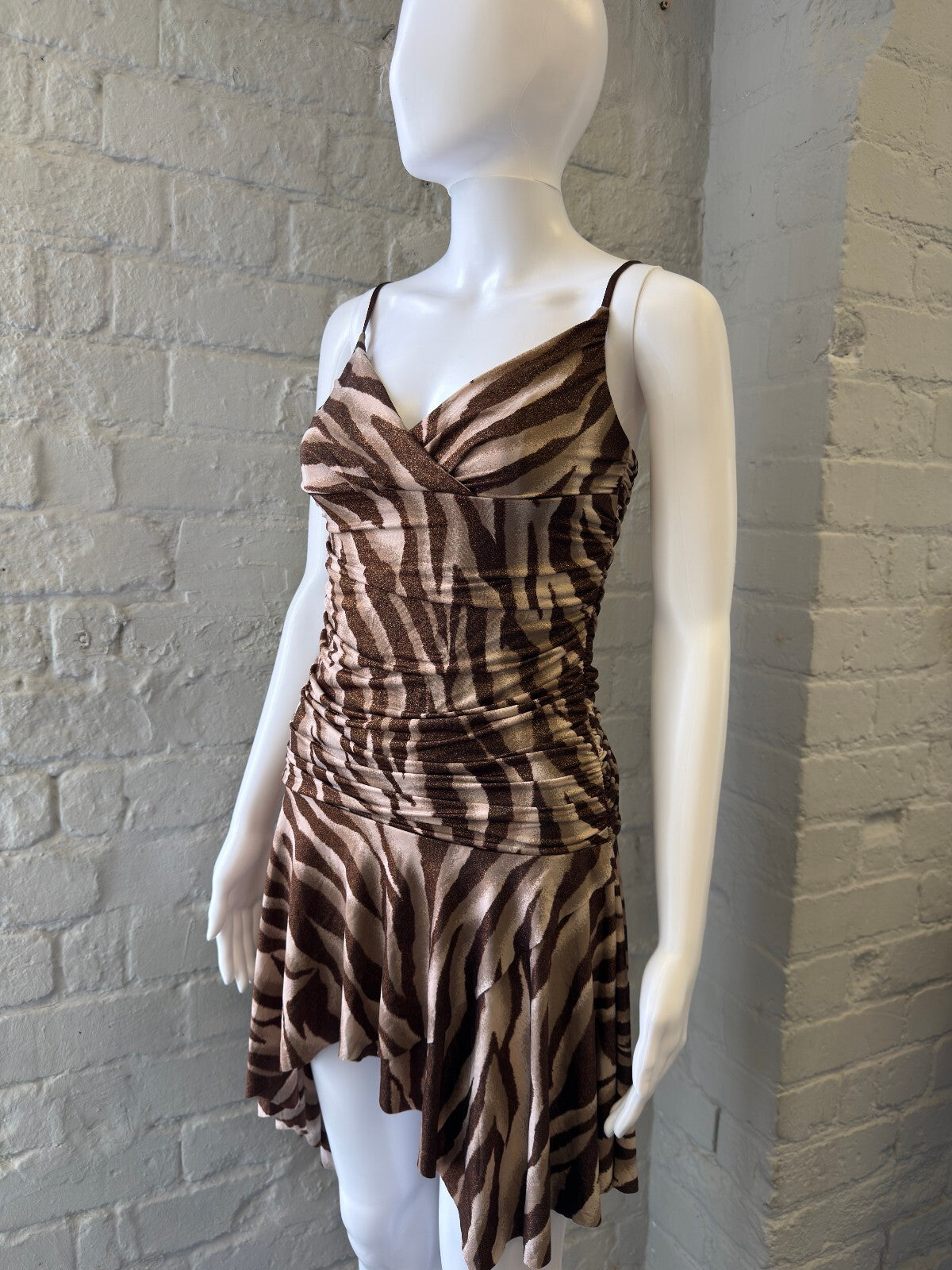 Brown Zebra Print Ruched Spaghetti Strap Dress
