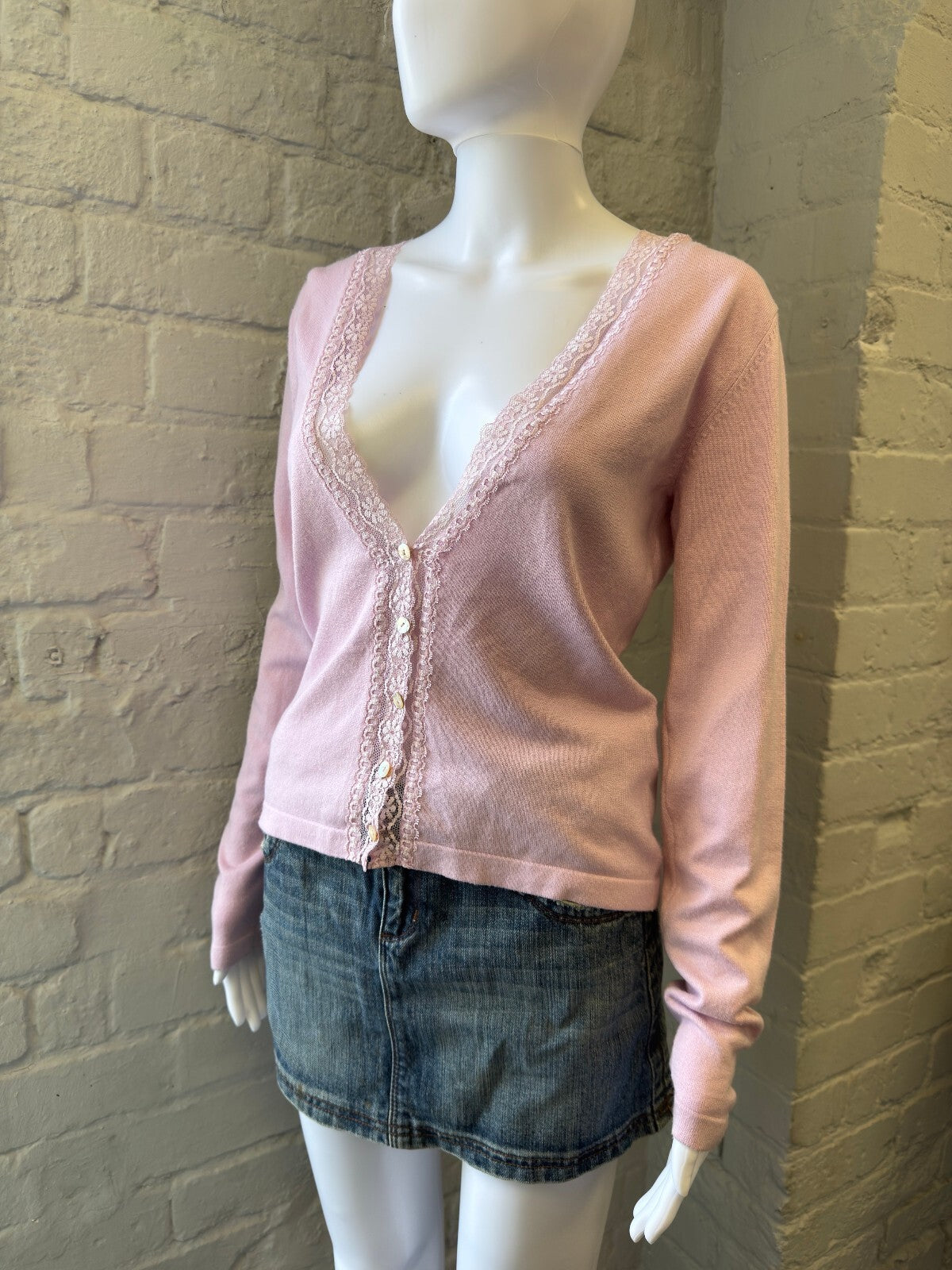 Pink Lace Trim Button-Up Cardigan