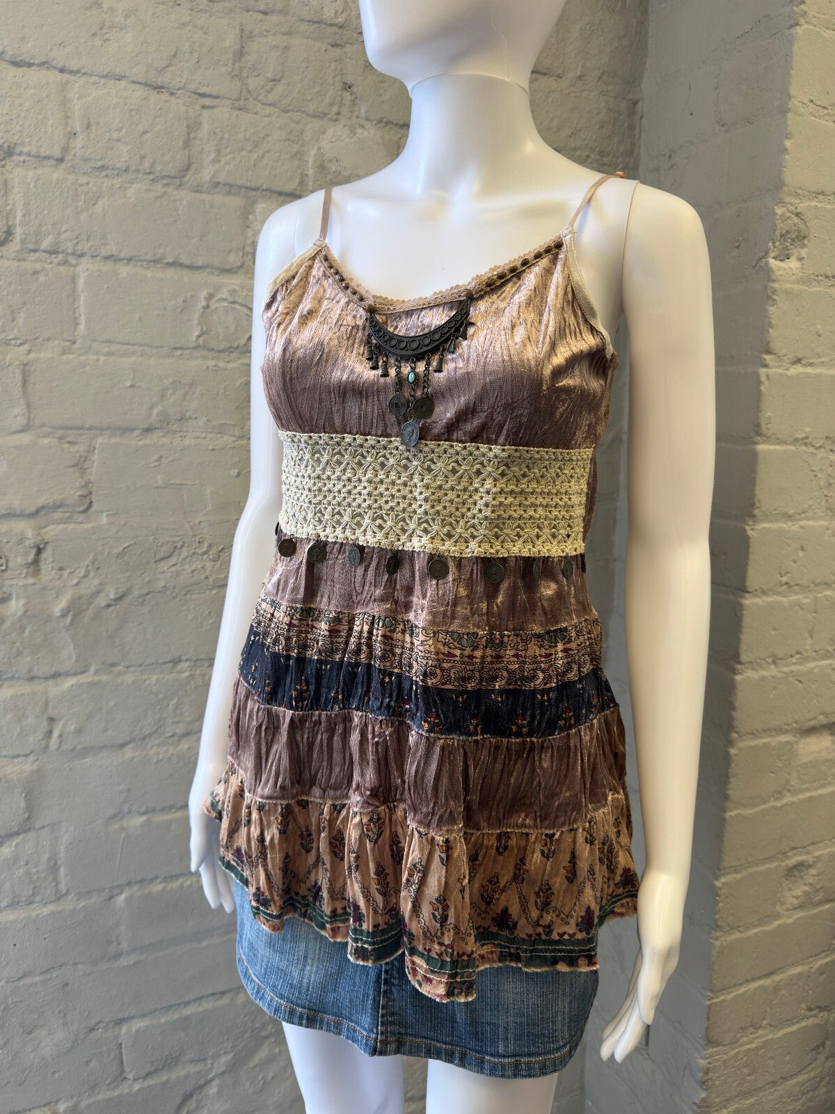 Bohemian Velvet and Crochet Spaghetti Strap Top