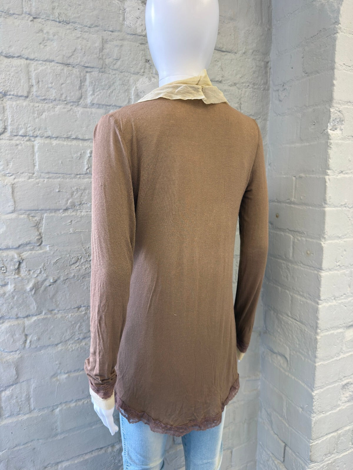 Brown and Cream Mesh Long Sleeve Tie Front Cardigan
