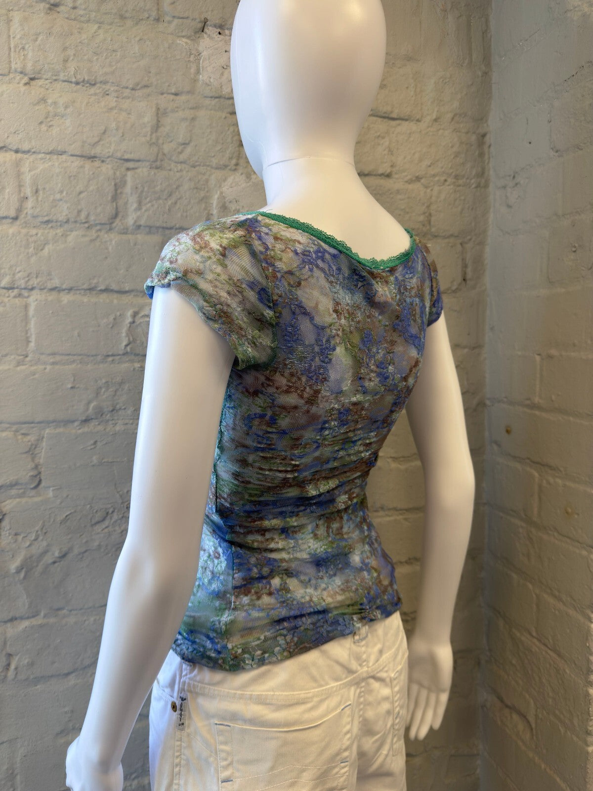 Sheer Mesh Floral Print Top with Green Trim