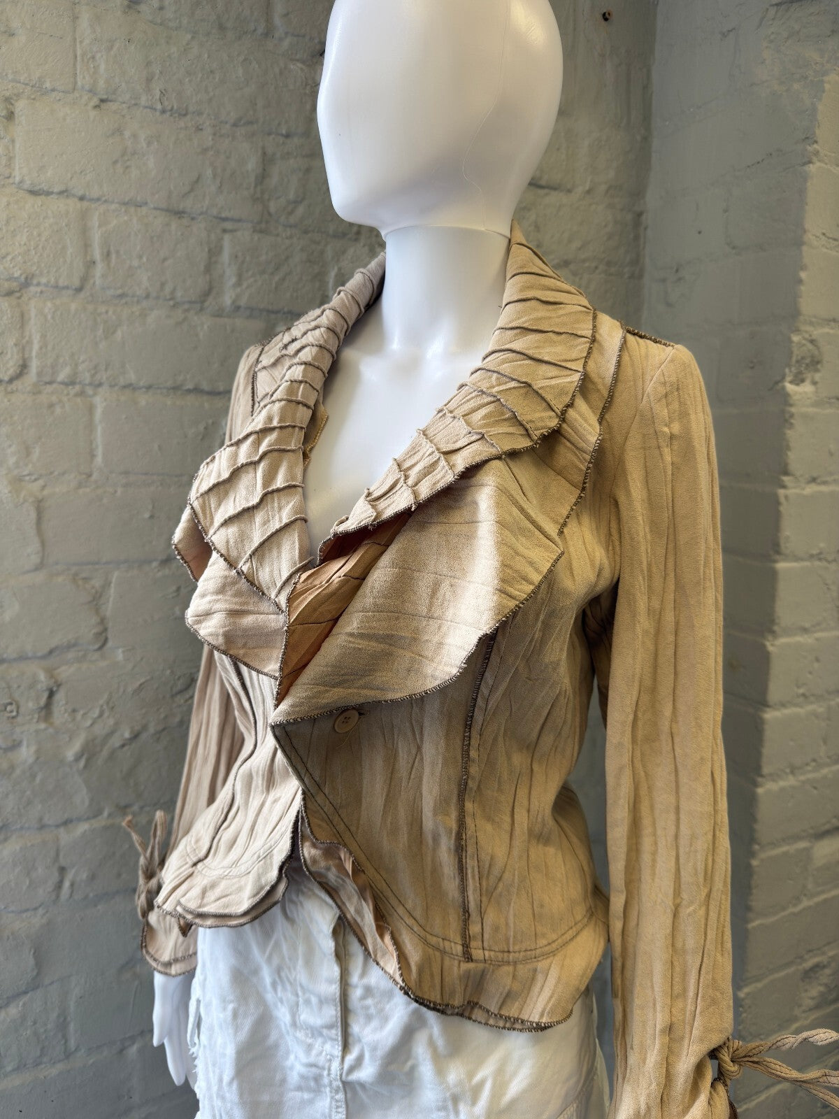 Beige Suede Ruffled Collar Jacket