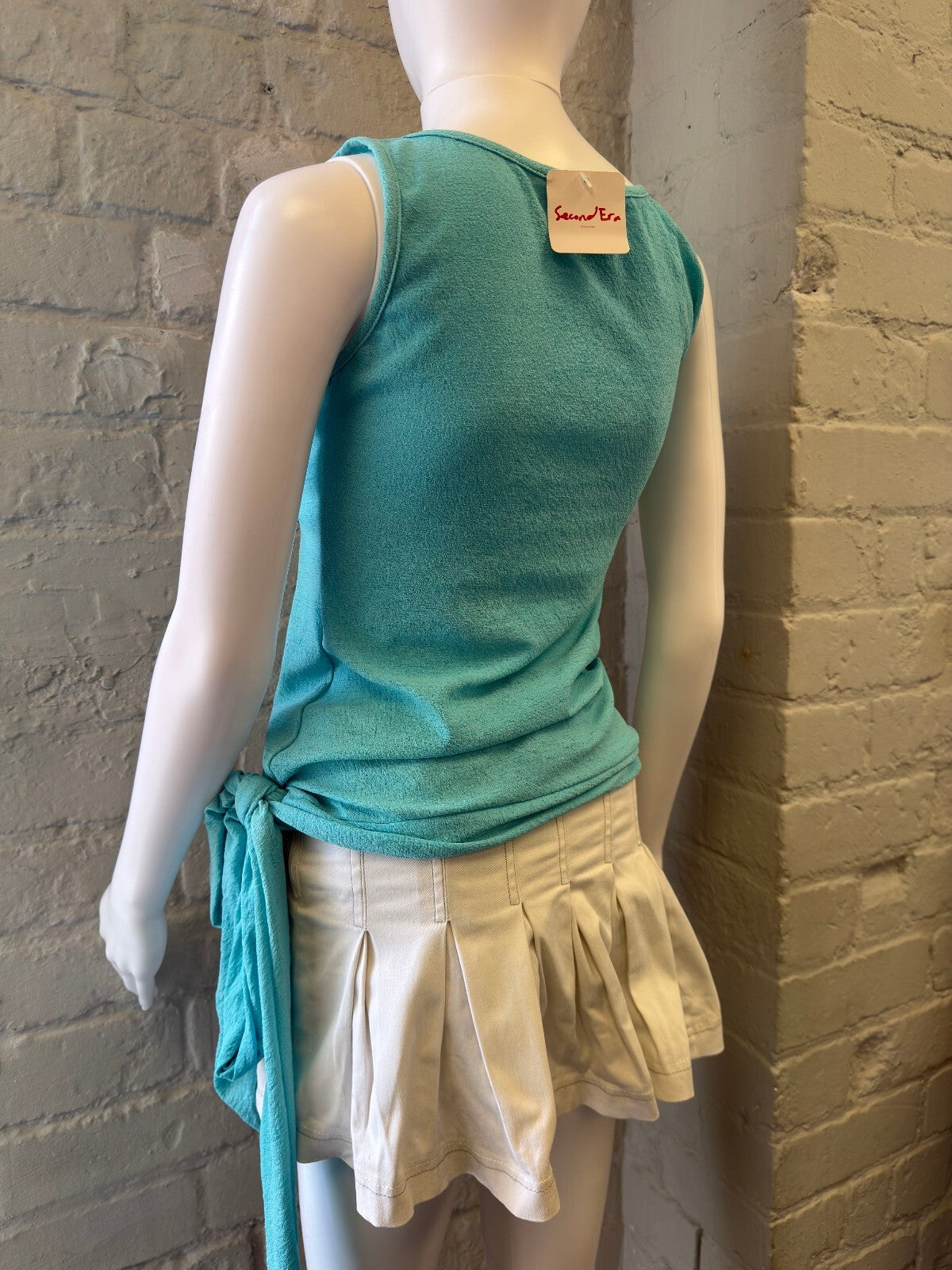 Turquoise Mesh Vest Top with Embroidered Front and Side Tie