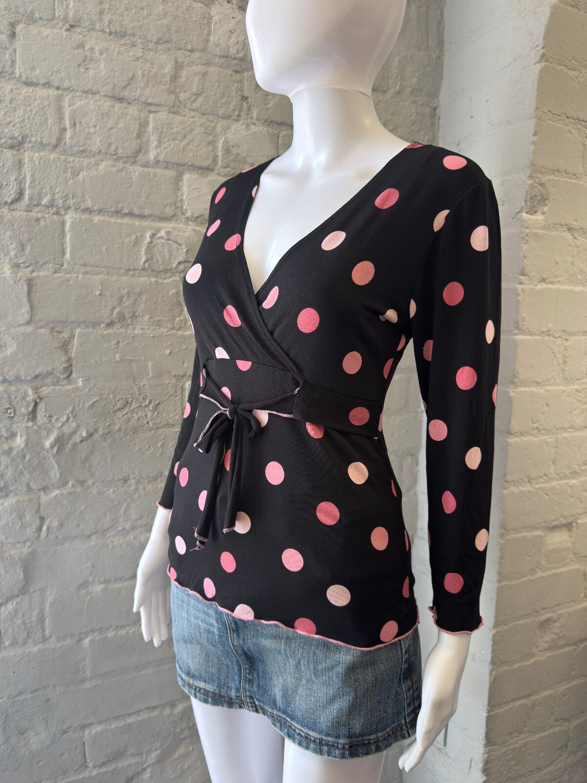 Black Wrap Style Top with Pink Polka Dots
