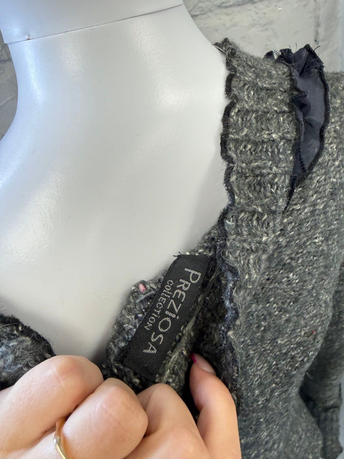 Vintage Grey Knit Wrap Cardigan with Ruffle Trim