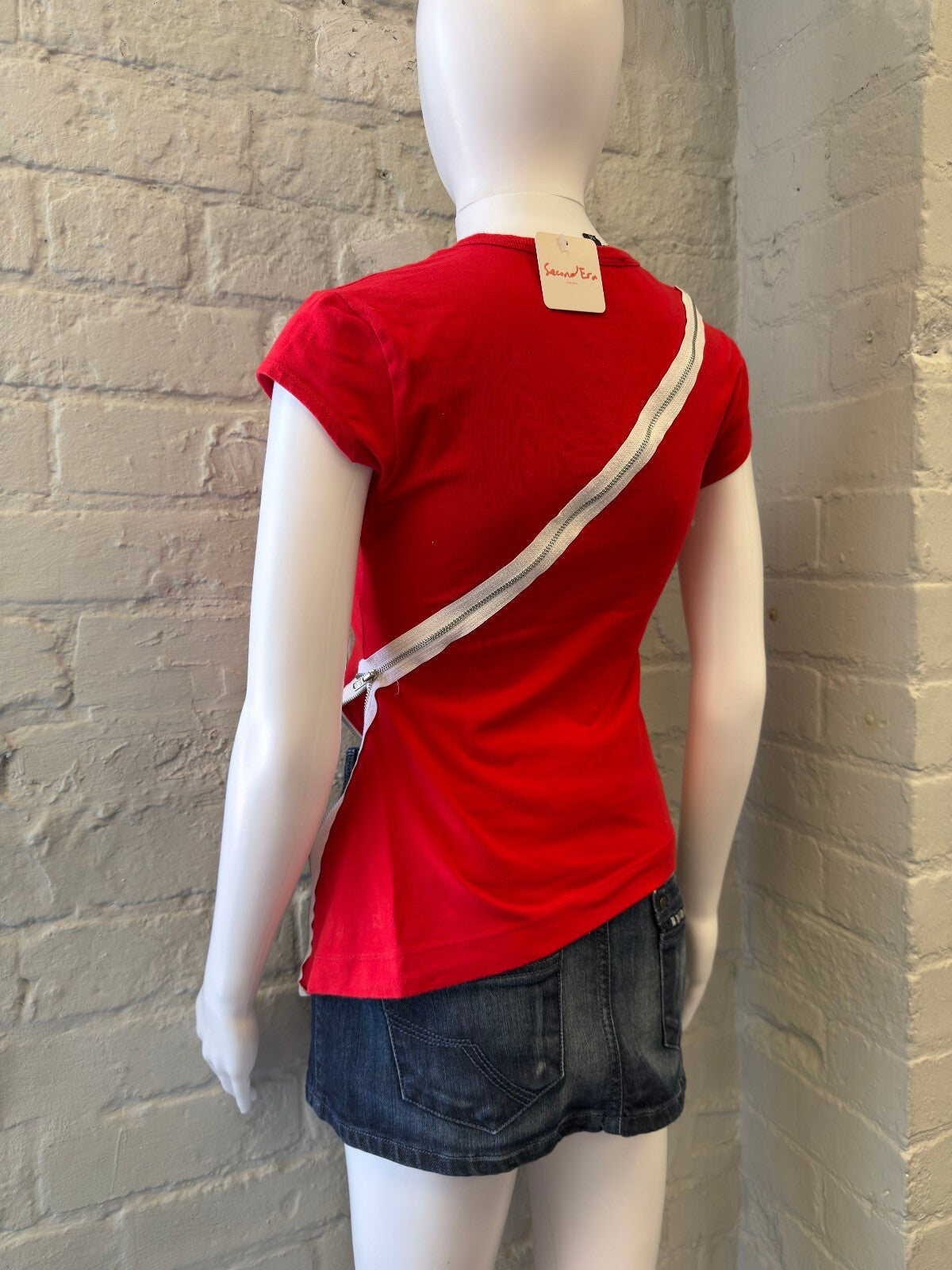 Denny Rose Red Baby Tee with Side Zipper Detail