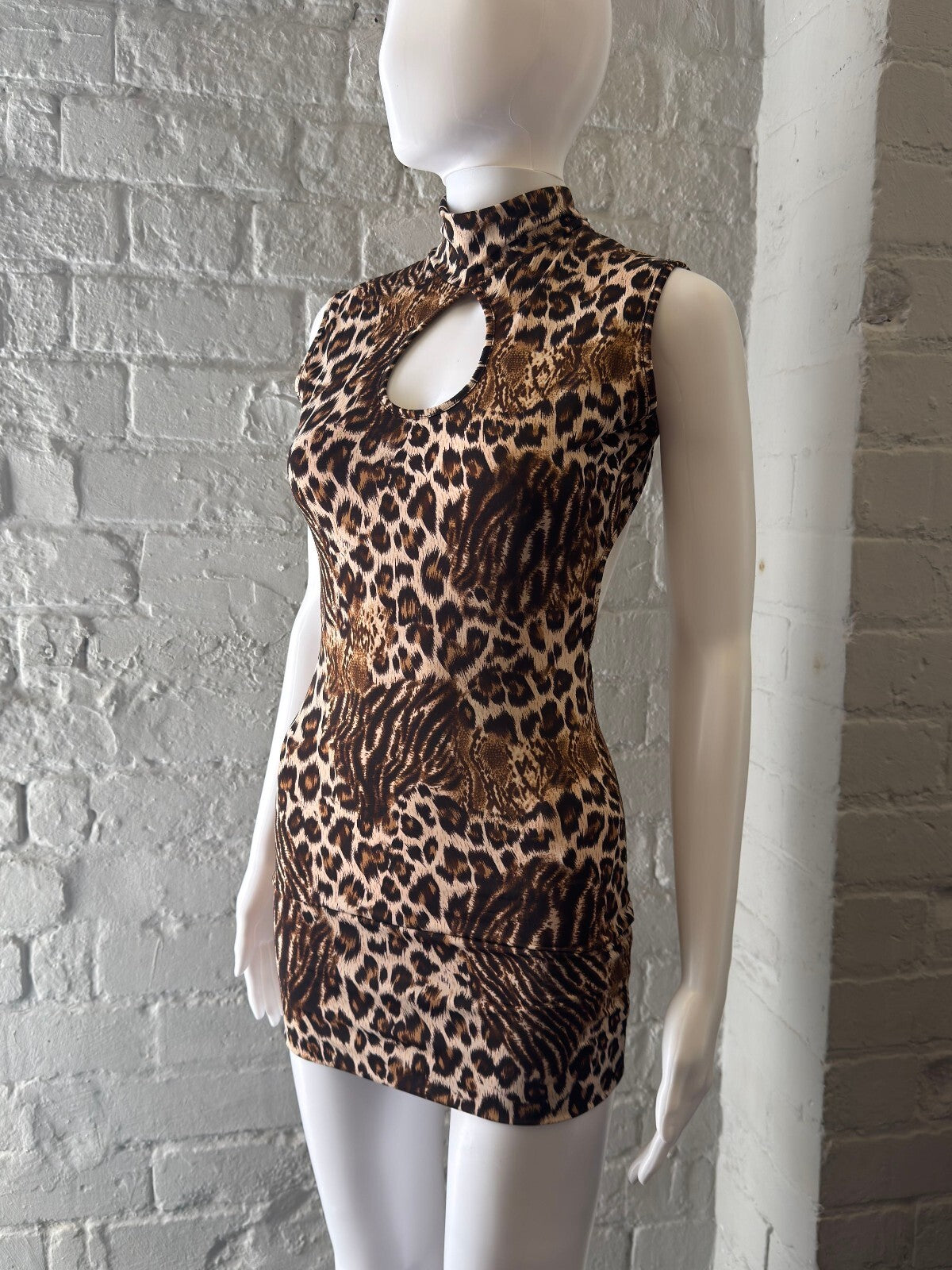 Sleeveless Leopard Print Mini Dress with Keyhole Front and Open Back