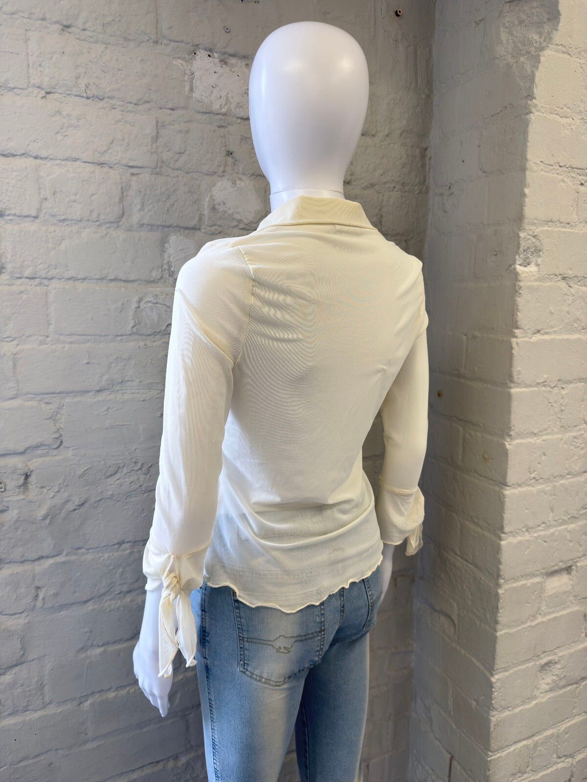 Pimkie Y2K Cream Button-Up Top with Tie Sleeves