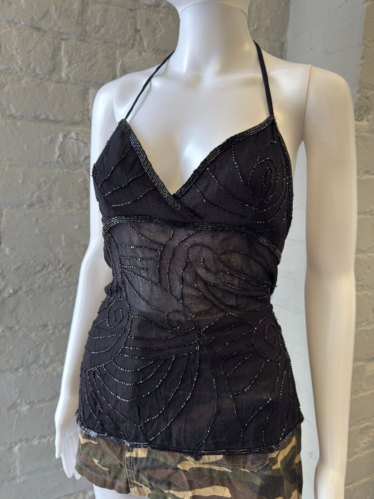 Morgan De Toi Black Beaded Halter Top