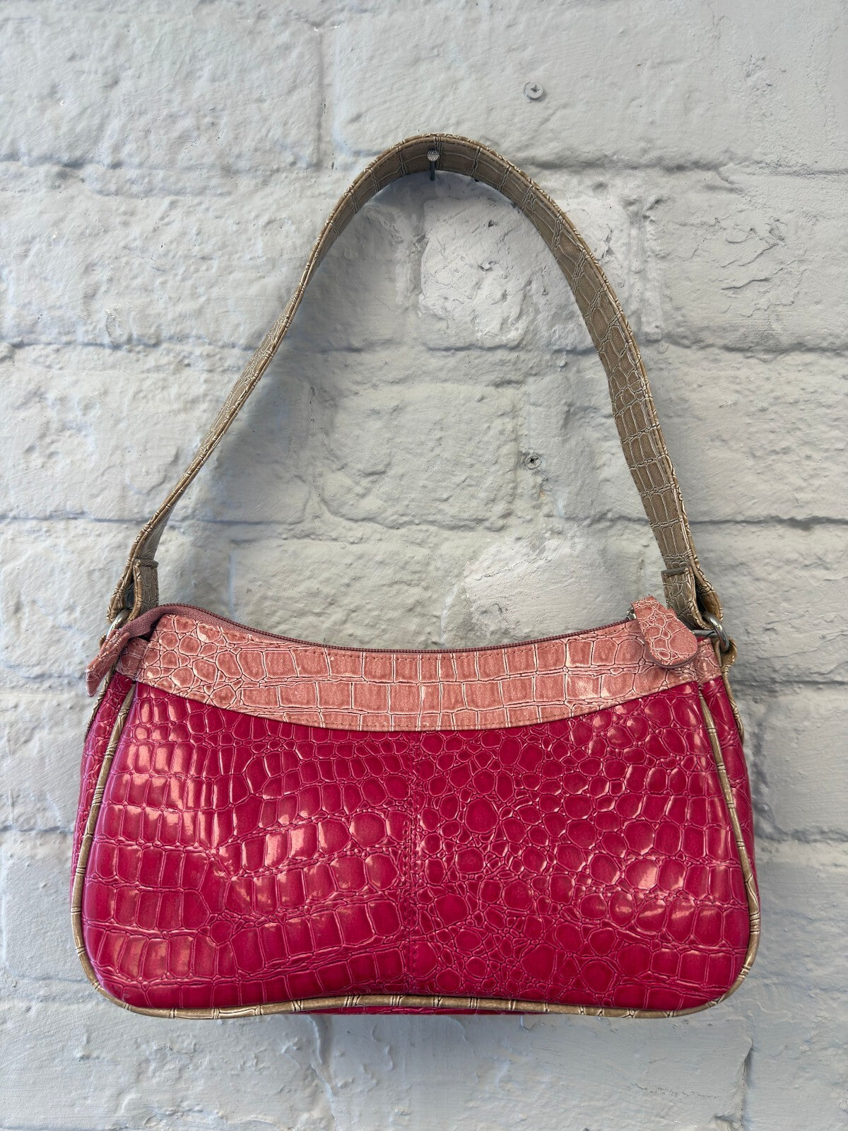 Pink and Beige Croc-Embossed Leather Shoulder Bag