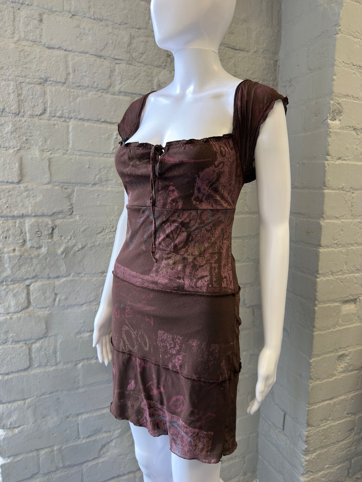 Brown Patterned Cap Sleeve Midi Dress