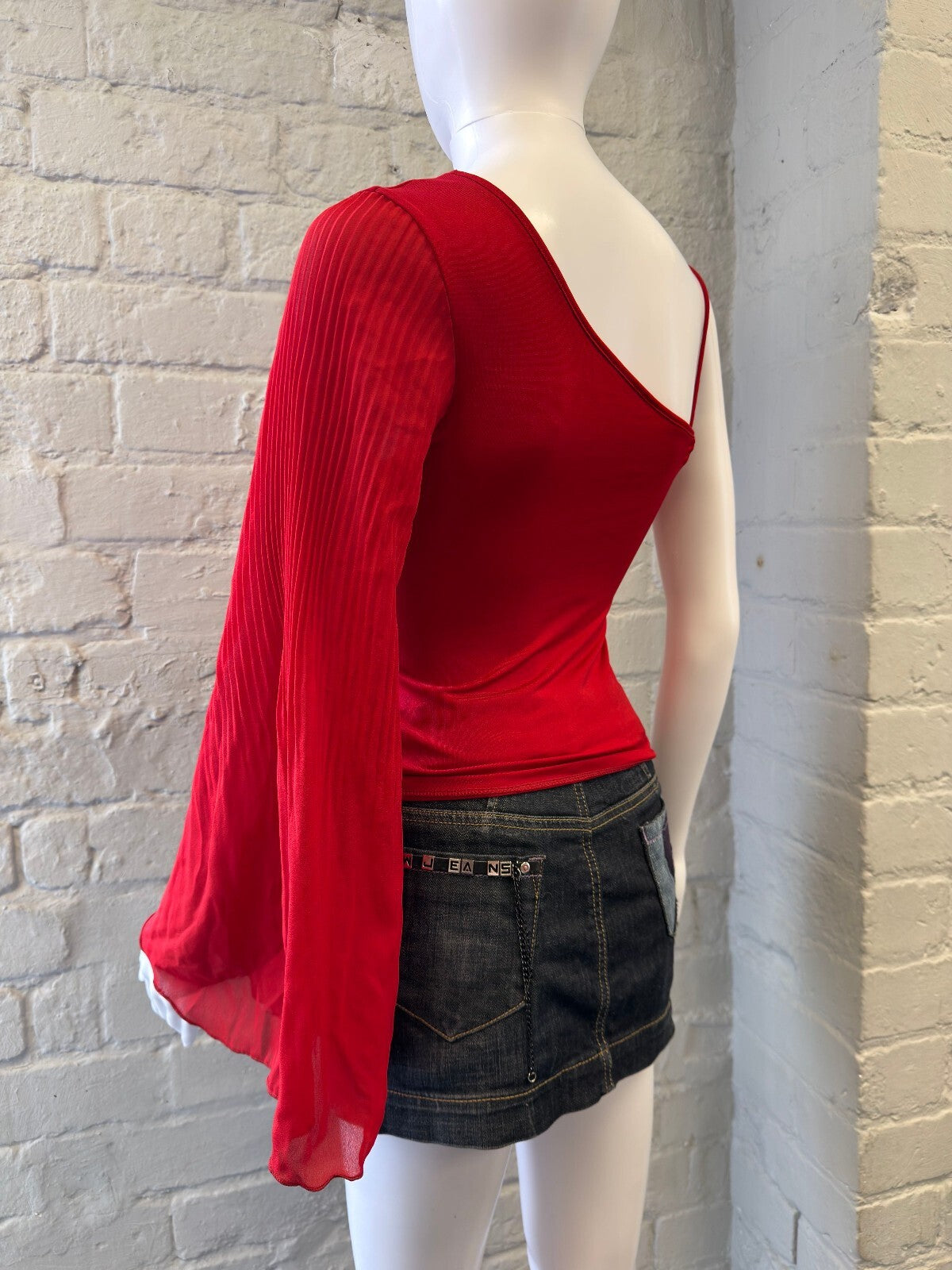 Red One-Shoulder Top with Sheer Long Sleeve