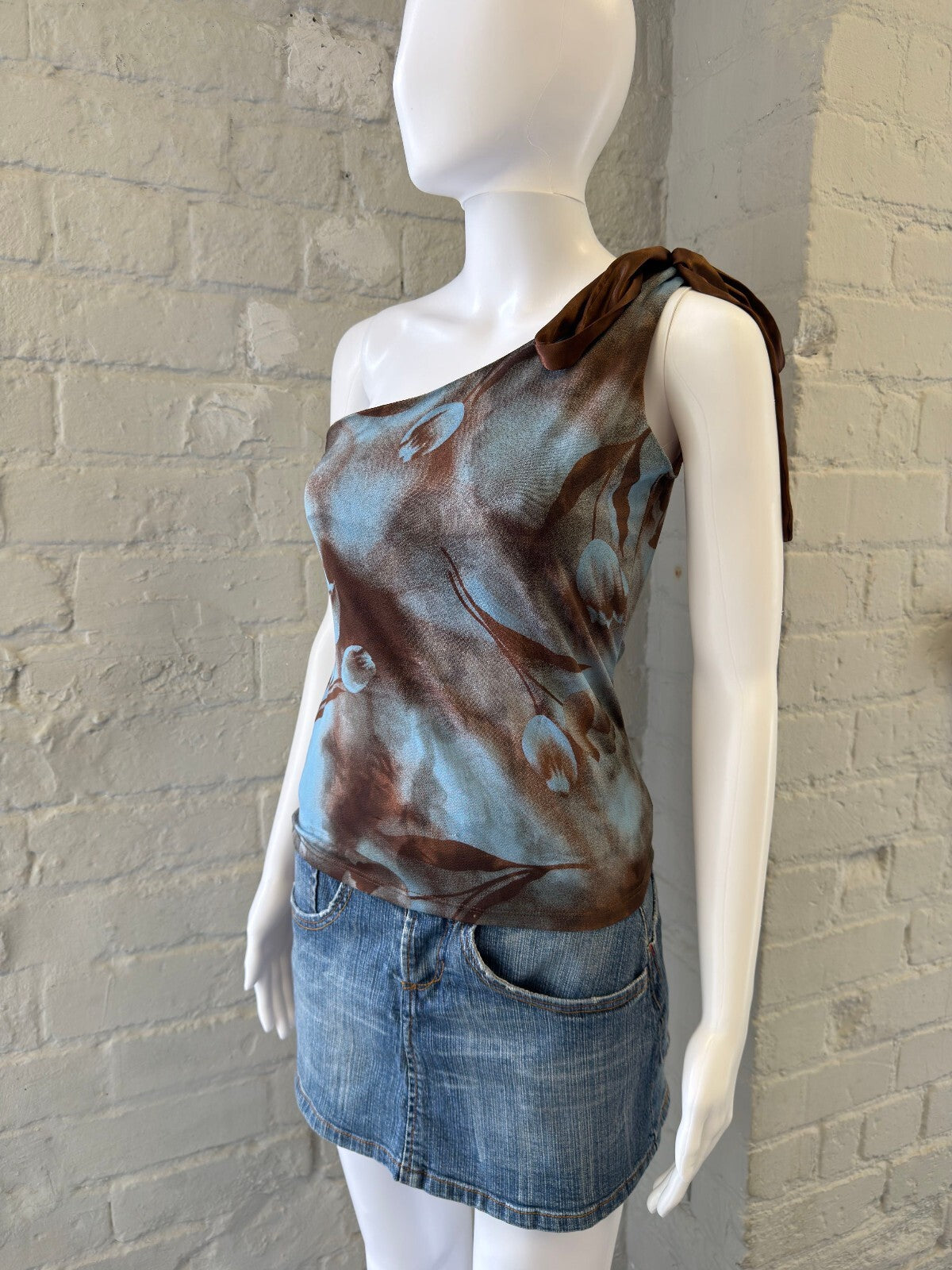 One-Shoulder Blue and Brown Floral Print Top