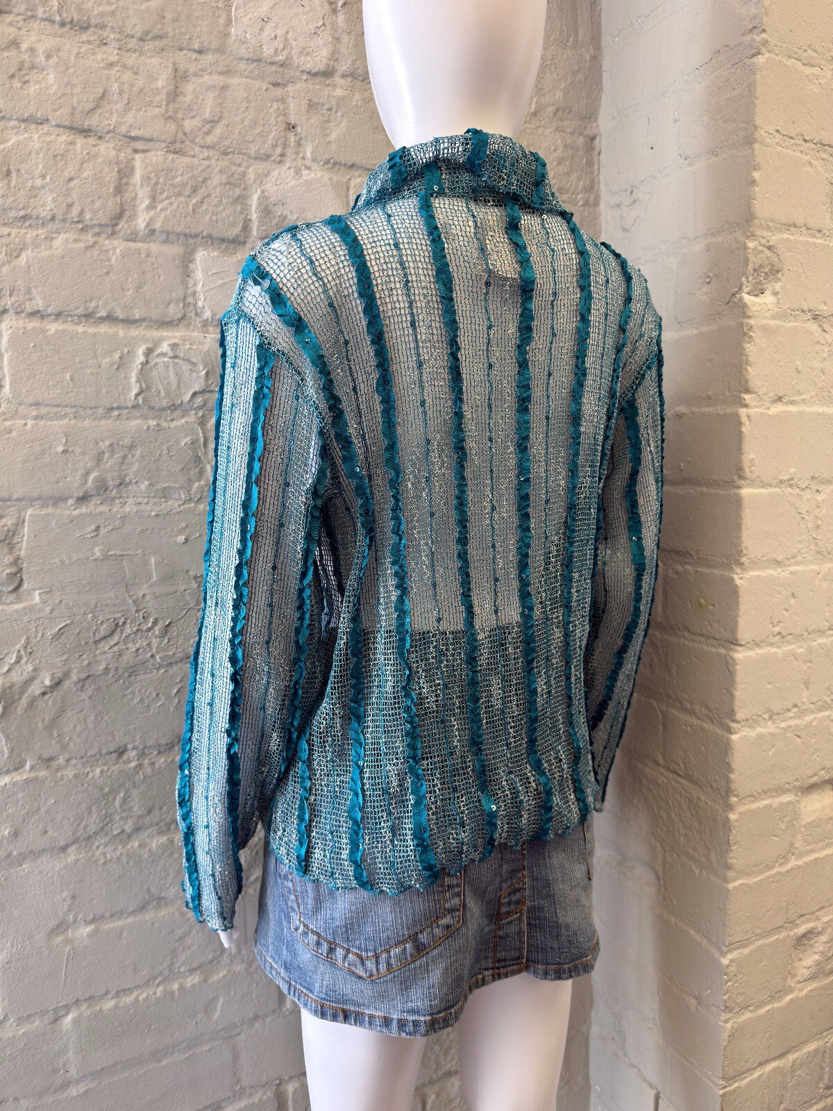Teal Blue Sheer Striped Knit Long Sleeve Shirt